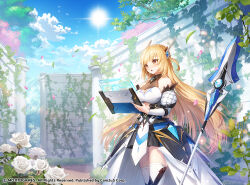 Rule 34 | 1girl, :o, apple caramel, bare shoulders, black skirt, blonde hair, blue sky, braid, breasts, brick wall, brown eyes, cleavage, cloud, commentary request, crown braid, day, detached sleeves, flower, headgear, highres, holding, large breasts, layered sleeves, long hair, long sleeves, official art, outdoors, parted lips, pleated skirt, polearm, puffy short sleeves, puffy sleeves, rose, serapulsar, short over long sleeves, short sleeves, skirt, sky, solo, spear, starseed: asnia trigger, sun, thighhighs, very long hair, weapon, white flower, white rose, white sleeves, white thighhighs