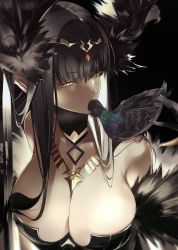 Rule 34 | 1girl, bad id, bad pixiv id, bare shoulders, black dress, black hair, breasts, cleavage, dress, fate/apocrypha, fate/grand order, fate (series), fur trim, jewelry, large breasts, long hair, necklace, pointy ears, pvc parfait, semiramis (fate), solo, very long hair, yellow eyes