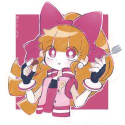 Rule 34 | 1girl, :t, blossom (ppg), blunt bangs, bow, earrings, eating, eyelashes, fingerless gloves, fork, gloves, highres, holding, holding fork, jacket, jewelry, long hair, multicolored clothes, multicolored jacket, pink bow, pink eyes, ponytail, powerpuff girls z, red hair, ro ru witch, undershirt