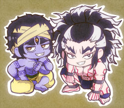 2boys abs ankleband arm_tattoo armband baggy_pants bandana barefoot black_armband black_fundoshi black_hair blue_skin blue_tattoo brown_eyes chest_tattoo chibi colored_skin derutta extra_arms extra_eyes fangs finger_tattoo fundoshi grey_hair head_rest highres japanese_clothes kneeband looking_at_viewer male_focus multicolored_hair multiple_boys multiple_eyes muscular muscular_male pants pectorals ponytail raiden_tameemon_(shuumatsu_no_valkyrie) shirtless_male shiva_(shuumatsu_no_valkyrie) short_hair shuumatsu_no_valkyrie sideways_glance sitting smile squatting streaked_hair sumo tattoo teeth thick_eyebrows third_eye toned toned_male topknot topless two-tone_hair wrist_tattoo wristband yellow_background yellow_bandana yellow_eyes yellow_pants