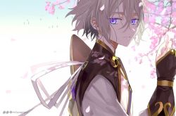 Rule 34 | 1boy, bad id, bad twitter id, blue eyes, cherry blossoms, fate/grand order, fate (series), prince of lan ling (fate), hair between eyes, holding, holding petal, hou (ppo), looking at viewer, male focus, no mask, petals, short hair, silver hair, sky, solo, watermark, web address