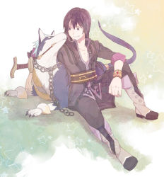 Rule 34 | 00s, 1boy, bad id, bad pixiv id, black eyes, black hair, boots, bracelet, chain, dog, gradient background, green background, grin, jewelry, kiseru, knee boots, long hair, male focus, nashicco, repede (tales), smile, smoking pipe, solo, star (symbol), starry background, tales of (series), tales of vesperia, yellow background, yuri lowell