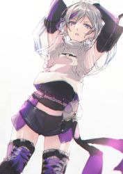 Rule 34 | 1girl, :o, arm strap, black footwear, black shorts, boots, contender (girls&#039; frontline), cross-laced footwear, elbow gloves, girls&#039; frontline, gloves, greyscale, hair between eyes, lace-up boots, monochrome, multicolored hair, open mouth, purple eyes, purple hair, satsumi, see-through, see-through sleeves, short hair, short sleeves, shorts, simple background, solo, streaked hair, thigh boots, thighhighs, white background, zettai ryouiki