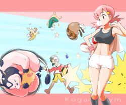 Rule 34 | 1boy, 1girl, absurdres, animal ears, backwards hat, baseball cap, breasts, chewing gum, closed eyes, collarbone, cow ears, cow horns, creatures (company), crop top, ethan (pokemon), feathers, game freak, gen 1 pokemon, gen 2 pokemon, hat, highres, horns, medium breasts, midriff, miltank, navel, nintendo, open mouth, pidgeotto, pink hair, pokemon, pokemon gsc, pokemon hgss, potion (pokemon), quilava, rollout (pokemon), sentret, shorts, star (symbol), u4 99384295, white shorts, whitney (pokemon), wings, wristband