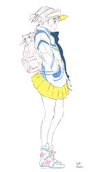 Rule 34 | 1girl, absurdres, bare legs, blush, cat, coat, hands in pockets, highres, kawatsu yuuki, limited palette, original, pleated skirt, print coat, print footwear, profile, shoes, signature, simple background, skirt, solo, white background, white hair, yellow skirt