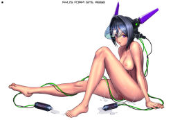 Rule 34 | 1girl, barefoot, blue hair, breasts, feet, handheld game console, legs, long legs, nipples, nude, playstation portable, purple eyes, ryu (ryu&#039;s form site), solo, suggestive fluid, toes, wet