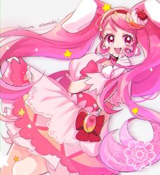 Rule 34 | 10s, 1girl, :d, animal ears, blush, cake, cake hair ornament, copyright name, cure whip, earrings, food, food-themed hair ornament, food-themed ornament, fruit, full body, gloves, grey background, hair ornament, jewelry, kirakira precure a la mode, kojiko (kizikoriann), long hair, magical girl, open mouth, pink eyes, pink hair, pink theme, pom pom (clothes), pom pom earrings, precure, rabbit, rabbit ears, simple background, smile, solo, star (symbol), strawberry, strawberry shortcake, text focus, twintails, usami ichika, whipped cream