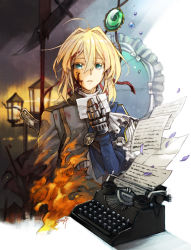 Rule 34 | 10s, 1girl, blonde hair, blood, blood in hair, blood on face, blue eyes, blue jacket, brooch, crying, crying with eyes open, dress, envelope, fire, hair between eyes, hair intakes, hair ribbon, highres, holding, holding letter, jacket, jewelry, knife, lamppost, letter, long sleeves, looking at viewer, military, military uniform, ookaminoki, paper, petals, prosthesis, prosthetic arm, prosthetic hand, red ribbon, ribbon, solo, tears, typewriter, uniform, violet evergarden, violet evergarden (series), water, water drop