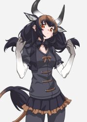 Rule 34 | animal ears, banteng (kemono friends), black bow, black bowtie, black hair, black pantyhose, black shirt, black skirt, bow, bowtie, brown hair, commentary, cow ears, cow girl, cow horns, cow tail, elbow gloves, extra ears, frilled skirt, frills, gloves, gradient gloves, grey gloves, hair between eyes, highres, horns, kemono friends, long hair, looking at viewer, multicolored hair, orange eyes, pantyhose, pleated skirt, puffy short sleeves, puffy sleeves, shirt, short sleeves, sidelocks, skirt, tail, tanabe (fueisei), twintails, two-tone gloves, white gloves