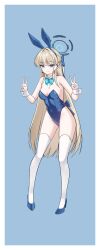Rule 34 | 1girl, absurdres, animal ears, bare shoulders, blonde hair, blue archive, blue bow, blue eyes, blue hairband, blue leotard, bow, bowtie, braid, breasts, coke0502, covered navel, detached collar, double v, ear piercing, earpiece, fake animal ears, full body, groin, hairband, halo, high heels, highleg, highleg leotard, highres, incredibly absurdres, leotard, long hair, medium breasts, microphone, official alternate costume, official alternate hairstyle, open mouth, piercing, playboy bunny, rabbit ears, simple background, solo, standing, thighhighs, thighs, toki (blue archive), toki (bunny) (blue archive), v, very long hair, white thighhighs, wrist cuffs