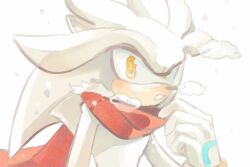 Rule 34 | 1boy, animal ears, animal nose, blush, body fur, bracelet, furry, furry male, gloves, gold bracelet, hand up, hedgehog, hedgehog ears, highres, jewelry, looking at viewer, male focus, red scarf, scarf, signature, silver the hedgehog, simple background, snowing, solo, sonic (series), standing, steam, teeth, white background, white fur, white gloves, wifiwhere, yellow eyes