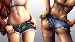 Rule 34 | 2girls, ass, back, belt, belt buckle, bikini, black bikini, black legwear, blue shorts, breasts, buckle, caenis (fate), commentary request, contrapposto, dark-skinned female, dark skin, denim, denim shorts, fate/grand order, fate (series), gradient background, grey background, hands on own hips, head out of frame, highres, jacket, jewelry, legs, long sleeves, lower body, mordred (fate), mordred (fate/apocrypha), mordred (memories at trifas) (fate), multiple girls, navel, open clothes, open jacket, queasy s, red jacket, ring, shiny skin, short shorts, shorts, single thighhigh, small breasts, stomach, swimsuit, tattoo, thigh gap, thighhighs, thighs, thong, twitter username, unzipped, zipper pull tab