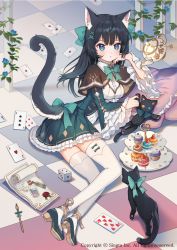 Rule 34 | 1girl, ace (playing card), ace of diamonds, ace of hearts, ace of spades, animal, animal ears, arm support, bad id, bad pixiv id, black cat, black hair, blue eyes, blue flower, blush, bow, breasts, brown capelet, capelet, card, cat, cat ears, cat girl, cat tail, checkered floor, club (shape), collared shirt, commentary request, diamond (shape), dice, dress, dress shirt, flower, frilled pillow, frills, green bow, green dress, green footwear, hair bow, hair ornament, heart, high heels, laurelfalcon, long hair, long sleeves, looking at viewer, medium breasts, official art, on floor, panties, parted lips, pillow, playing card, pleated dress, shirt, sid story, solo, spade (shape), stuffed animal, stuffed cat, stuffed toy, tail, teapot, thighhighs, tiered tray, underwear, white shirt, white thighhighs, wide sleeves, witch, x hair ornament