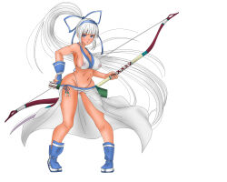 Rule 34 | 1girl, absurdres, archery, arrow (projectile), bikini, blue eyes, breasts, cameltoe, cleavage, covered erect nipples, curvy, dark-skinned female, dark skin, fighting stance, fingerless gloves, gloves, grey hair, hair ribbon, highres, large breasts, legs, long hair, majikina mina, navel, nipples, parted lips, ponytail, ribbon, samurai spirits, sarong, see-through clothes, serious, sideboob, snk, solo, swimsuit, thighs, thong bikini, very long hair, white bikini