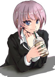 Rule 34 | 1girl, aosora2823, black jacket, blue eyes, closed mouth, drinking straw, earrings, go-toubun no hanayome, highres, holding, jacket, jewelry, long sleeves, looking at viewer, nakano ichika, pink hair, short hair, simple background, smile, solo, straight hair, upper body, white background, wing collar