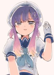 Rule 34 | 1girl, bad id, bad twitter id, blue neckerchief, blue skirt, blush, dress, from below, gloves, hair between eyes, hair ornament, hairclip, hat, itomugi-kun, kantai collection, long hair, looking at viewer, miniskirt, multicolored hair, neckerchief, open mouth, purple eyes, purple hair, sailor collar, sailor dress, sailor hat, school uniform, serafuku, simple background, skirt, solo, tsushima (kancolle), white background, white gloves