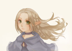 Rule 34 | 1girl, absurdres, blonde hair, blue capelet, blue dress, blue neckwear, blush, braid, capelet, choker, closed mouth, commentary, dress, dungeon meshi, elf, eyes visible through hair, green eyes, grey background, highres, light smile, long hair, looking at viewer, madcocoon, marcille donato, pointy ears, simple background, smile, solo