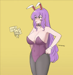 Rule 34 | 2girls, animal ears, armpits, bow, bowtie, breasts, cleavage, commentary, detached collar, english commentary, highres, inaba tewi, large breasts, leotard, light purple hair, long hair, mata (matasoup), multiple girls, pantyhose, playboy bunny, pleated skirt, purple hair, purple leotard, rabbit ears, rabbit girl, rabbit tail, red eyes, reisen udongein inaba, sexually suggestive, simple background, skin tight, skirt, strapless, strapless leotard, tail, touhou, very long hair, wrist cuffs, yellow background