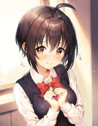 Rule 34 | 1girl, ahoge, black hair, blush, bow, bowtie, breasts, commentary request, flying sweatdrops, heart, heart hands, highres, idolmaster, idolmaster cinderella girls, kohinata miho, long sleeves, looking at viewer, medium breasts, qianlou (qianlou12374), red bow, red bowtie, school uniform, shirt, short hair, smile, solo, upper body, vest, white shirt, yellow eyes