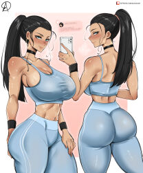 Rule 34 | 1girl, abs, absurdres, almualim, ass, breasts, cellphone, choker, curvy, earrings, gym uniform, highres, hoop earrings, huge ass, jewelry, large breasts, leggings, long hair, multiple views, nico robin, one piece, phone, ponytail, shiny skin, skin tight, smartphone, solo, sports bra, sweat, very long hair, wide hips