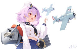 Rule 34 | 1girl, aircraft, airplane, aylwin (azur lane), azur lane, breasts, commentary, english commentary, hair between eyes, hat, highres, kin&#039;iro dojo, long sleeves, open mouth, pink hair, red eyes, rigging, sailor collar, sailor hat, shirt, signature, skirt, smile, solo, striped clothes, striped wrist cuffs, tilted headwear, wrist cuffs