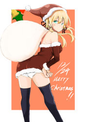Rule 34 | 10s, 1girl, absurdres, aqua eyes, ass, bare shoulders, bell, hair bell, black thighhighs, blonde hair, detached sleeves, dress, from behind, hair bell, hair ornament, hand on own hip, hat, highres, kantai collection, merry christmas, over shoulder, panties, prinz eugen (kancolle), red dress, sack, santa costume, santa hat, shibakame, shibakame (917narto8537), short dress, solo, strapless, strapless dress, thighhighs, twintails, underwear, white panties