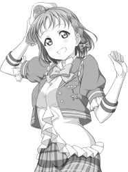 Rule 34 | 10s, 1girl, blush, bow, bowtie, braid, gloves, greyscale, hair ornament, hat, highres, looking at viewer, love live!, love live! school idol project, love live! sunshine!!, mell ast, monochrome, side braid, simple background, sketch, smile, solo, takami chika, unfinished, white background