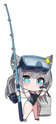 Rule 34 | 1girl, absurdres, animal ear fluff, animal ears, basket, black one-piece swimsuit, blue archive, blue eyes, breasts, chibi, commentary request, competition swimsuit, covered navel, cross hair ornament, diving mask, diving mask on head, extra ears, fishing rod, goggles, goggles on head, grey hair, hair ornament, halo, highres, imokenpi3, low ponytail, medium breasts, medium hair, mismatched pupils, multicolored clothes, multicolored swimsuit, official alternate costume, one-piece swimsuit, shiroko (blue archive), shiroko (swimsuit) (blue archive), simple background, solo, swimsuit, white background, wolf ears