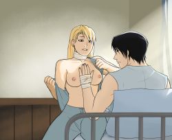 Rule 34 | 1girl, bandages, bare arms, bed, black eyes, black hair, blonde hair, breasts, brown eyes, closed mouth, earrings, fullmetal alchemist, indoors, jewelry, large breasts, legs, light smile, long hair, looking at another, matching hair/eyes, nipples, no bra, on bed, open clothes, parted lips, pillow, riza hawkeye, roy mustang, seductive smile, serious, short hair, sitting, sleeveless, smile, sunlight, thighs, undressing, wall