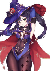 &gt;:), 1girl, absurdres, armpits, arms behind head, arms up, black choker, blush, bodystocking, breasts, brown legwear, cape, center opening, choker, cleavage, closed mouth, covered navel, cowboy shot, crescent hat ornament, detached sleeves, fur collar, genshin impact, green eyes, hat, hat ornament, highres, leotard, long hair, long sleeves, looking at viewer, medium breasts, mona megistus, purple hair, purple leotard, red cape, setu (shining12), simple background, smile, smug, solo, sparkle print, thighs, twintails, v-shaped eyebrows, very long hair, white background, witch hat