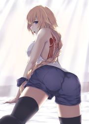 Rule 34 | 1girl, backless outfit, bare shoulders, black thighhighs, blonde hair, blue eyes, blush, braid, enchuu, fate/grand order, fate (series), hair ribbon, jeanne d&#039;arc (fate), jeanne d&#039;arc (ruler) (fate), long braid, long hair, looking at viewer, looking back, open mouth, ribbon, shorts, single braid, solo, tattoo, thighhighs