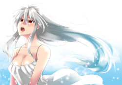 Rule 34 | 1girl, bare shoulders, blush, breasts, caffein, cleavage, collarbone, dress, highres, long hair, looking up, medium breasts, open mouth, red eyes, shiny skin, silver hair, solo, very long hair, vocaloid, yowane haku