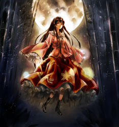 Rule 34 | 1girl, bamboo, bamboo forest, black footwear, black hair, boots, breasts, brown eyes, dress, expressionless, forest, frilled dress, frilled sleeves, frills, full body, full moon, highres, houraisan kaguya, jan (lightdragoon), long hair, long sleeves, looking at viewer, moon, nature, night, outdoors, solo, touhou, very long hair, wide sleeves
