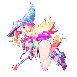 Rule 34 | 1girl, ass, bare shoulders, blonde hair, blue footwear, boots, breasts, dark magician girl, duel monster, ejami, full body, hat, highres, long hair, looking at viewer, open mouth, simple background, solo, white background, wizard hat, yu-gi-oh!