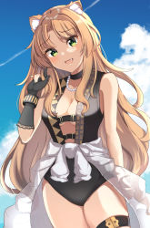 Rule 34 | 1girl, animal ears, arknights, bare shoulders, black choker, black one-piece swimsuit, blonde hair, blue sky, blush, breasts, center opening, choker, clothes around waist, cloud, cloudy sky, commentary request, cowboy shot, fang, gloves, green eyes, hand up, highres, jewelry, kogetsu azami, long hair, looking at viewer, medium breasts, necklace, no headwear, no headwear, official alternate costume, one-piece swimsuit, open mouth, partially fingerless gloves, pearl necklace, shirt, shirt around waist, sideboob, single glove, sky, solo, swimsuit, swire (arknights), thigh strap, thighs, tiger ears, very long hair, white shirt