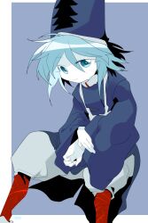 Rule 34 | 1other, androgynous, blue hair, blue hat, blue jacket, chinese commentary, closed mouth, colored skin, commentary request, hat, highres, jacket, japanese clothes, kashiwagi kaoru, len&#039;en, light blue hair, ling s, long sleeves, no nose, other focus, pants, short hair, sitting, solo, tate eboshi, white pants, white skin, wide sleeves