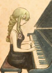 Rule 34 | 1girl, agrias oaks, bare shoulders, beige background, black dress, blonde hair, blue eyes, braid, braided ponytail, casual, dress, expressionless, female focus, final fantasy, final fantasy tactics, flower, formal, from side, instrument, long hair, looking down, music, piano, playing instrument, rose, shishio (artist), sidelocks, simple background, single braid, sitting, sleeveless, sleeveless dress, solo