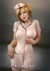 Rule 34 | 1girl, alternate costume, artist name, blonde hair, blue eyes, breasts, brown background, collarbone, commentary, contemporary, covered erect nipples, covered navel, cowboy shot, eyeliner, eyeshadow, fainxel, gradient background, grey background, hat, head tilt, highres, large breasts, lips, looking at viewer, makeup, medium hair, mercy (overwatch), no bra, nose, nurse, nurse cap, overwatch, overwatch 1, panties, parted lips, ponytail, realistic, red lips, seductive smile, see-through, short sleeves, signature, smile, solo, underwear, watermark, web address