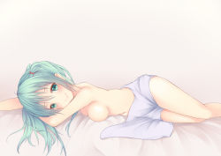 Rule 34 | 1girl, aqua hair, bed sheet, breasts, cleavage, green eyes, hair ornament, hatsune miku, inushi, long hair, looking at viewer, lying, navel, nude, on stomach, smile, solo, twintails, vocaloid