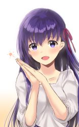 Rule 34 | 1girl, fate/stay night, fate (series), gradient background, hair ribbon, highres, i.f.s.f, long hair, matou sakura, open mouth, own hands together, purple eyes, purple hair, ribbon, solo