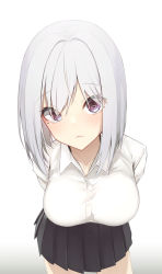 Rule 34 | 1girl, absurdres, arms behind back, black skirt, blush, breasts, closed mouth, collared shirt, dress shirt, gradient background, grey background, grey hair, hair between eyes, highres, leaning forward, looking at viewer, mayogii, medium breasts, original, pleated skirt, purple eyes, shirt, skirt, solo, white background, white shirt