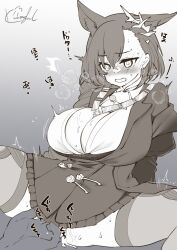 Rule 34 | 1girl, 1other, animal ears, arknights, arms behind back, blush, braid, breasts, buruma, cleavage, drooling, earrings, extra ears, fingering, frills, gradient background, grey background, heavy breathing, jacket, jewelry, kasagland, large breasts, long hair, mole, mole above eye, monochrome, nose blush, open clothes, open jacket, open mouth, penance (arknights), saliva, signature, single braid, sitting, spread legs, sweat, thighhighs, wolf ears