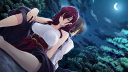 Rule 34 | 1girl, back-to-back, bare shoulders, black hair, breasts, cluds, covered erect nipples, forest, game cg, huge breasts, japanese clothes, long hair, moon, nature, night, red hair, sengoku koihime: otome kenran sengoku emaki, serious, short hair, sitting, sky, star (symbol), tree, yellow eyes