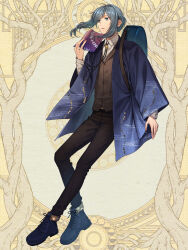 Rule 34 | 1boy, ankle boots, arm at side, asa no ha (pattern), black footwear, black pants, blue eyes, blue hair, blue jacket, bolo tie, book, boots, brown vest, buttoned cuffs, closed mouth, collared shirt, cross-laced footwear, dairoku ryouhei, earrings, egasumi, expressionless, floral print, fold-over boots, full body, hand up, haori, highres, holding, holding book, instrument case, jacket, japanese clothes, jewelry, lace-up boots, long sleeves, looking ahead, male focus, open book, open clothes, open jacket, pants, satono omo, shirasagi iku, shirt, short hair, sidelocks, solo, standing, stud earrings, swept bangs, vest, white shirt, yellow background