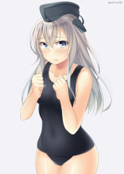 Rule 34 | 10s, 1girl, bad id, bad pixiv id, blue eyes, covered navel, garrison cap, hat, kankitsunabe (citrus), kantai collection, long hair, looking at viewer, old school swimsuit, one-piece swimsuit, school swimsuit, silver hair, simple background, solo, swimsuit, twitter username, u-511 (kancolle)
