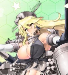 Rule 34 | 1girl, autocannon, blonde hair, breasts, brown eyes, cannon, cleavage, close-in weapon system, commentary request, electronic firearm, fingerless gloves, front-tie top, gatling gun, gloves, green background, harpoon missile, headgear, headset, honeycomb (pattern), honeycomb background, iowa (kancolle), kantai collection, large breasts, m61 vulcan, machinery, multiple-barrel firearm, parted lips, phalanx ciws, rotary cannon, saizu nitou gunsou, sentry gun, smile, solo, star-shaped pupils, star (symbol), symbol-shaped pupils, upper body