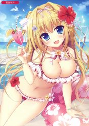 Rule 34 | 1girl, :d, absurdres, arm support, beach, bikini, blue sky, blush, braid, breasts, bug, butterfly, cleavage, cloud, cloudy sky, collarbone, cup, day, fang, flower, frilled bikini, frills, hair intakes, hair ornament, hairclip, hand up, hibiscus, highres, holding, holding cup, horizon, innertube, insect, large breasts, long hair, looking at viewer, matsumiya kiseri, melonbooks, navel, ocean, open mouth, original, outdoors, red flower, sidelocks, sitting, sky, smile, solo, swim ring, swimsuit, thighs, tropical drink, tsurime