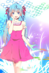 Rule 34 | 1girl, blue eyes, blue hair, blurry, blush, cowboy shot, dress, emu (ototake), flower, gradient background, hair flower, hair ornament, hand on own cheek, hand on own face, hatsune miku, highres, jewelry, long hair, matching hair/eyes, melt (vocaloid), necklace, open mouth, short sleeves, smile, solo, song name, standing, twintails, vocaloid