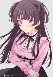 Rule 34 | 1girl, black hair, black ribbon, black skirt, blunt bangs, blush, breasts, brown eyes, closed mouth, frilled shirt, frills, grey background, highres, holding own arm, idolmaster, idolmaster shiny colors, konase (non stop!), long hair, long sleeves, looking at viewer, mayuzumi fuyuko, medium breasts, neck ribbon, pink shirt, ribbon, shirt, simple background, skirt, solo, twitter username, two side up, upper body, v-shaped eyebrows, zipper, zipper pull tab