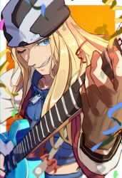 Rule 34 | 1boy, absurdres, arere r, axl low, bag over head, bandana, blonde hair, blue eyes, brown gloves, confetti, electric guitar, fingerless gloves, gloves, guilty gear, guilty gear strive, guitar, highres, holding, holding instrument, instrument, jacket, long hair, long sleeves, male focus, music, one eye closed, playing instrument, red jacket, smile